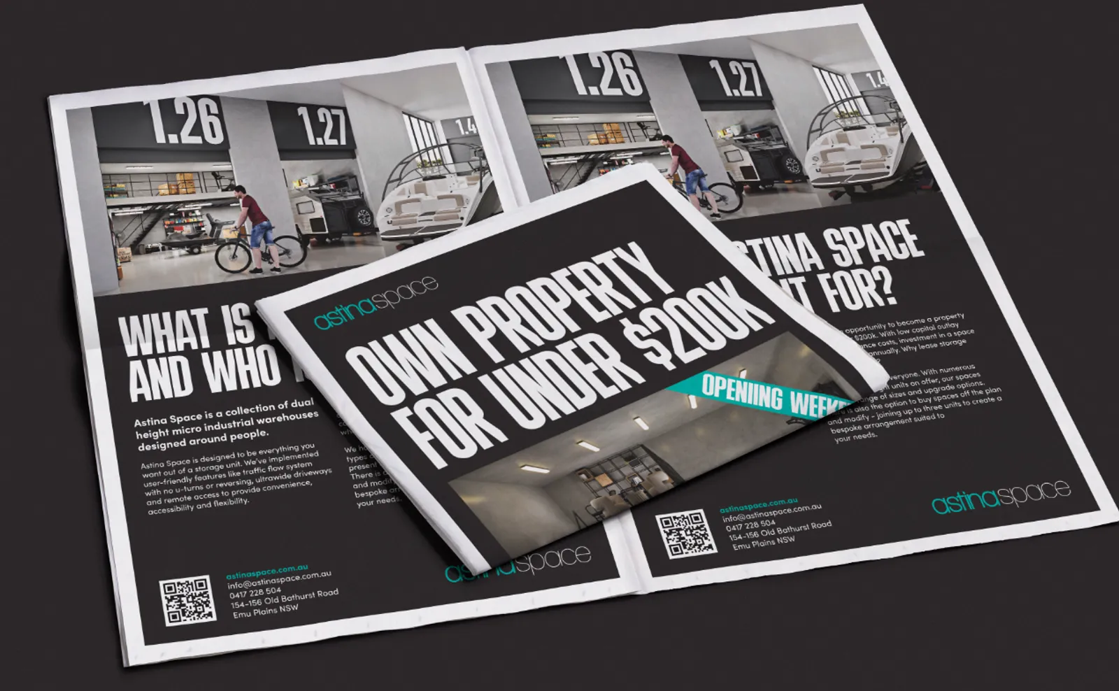Astina Space press ads announcing the opening weekend for its dual-height micro industrial warehouses