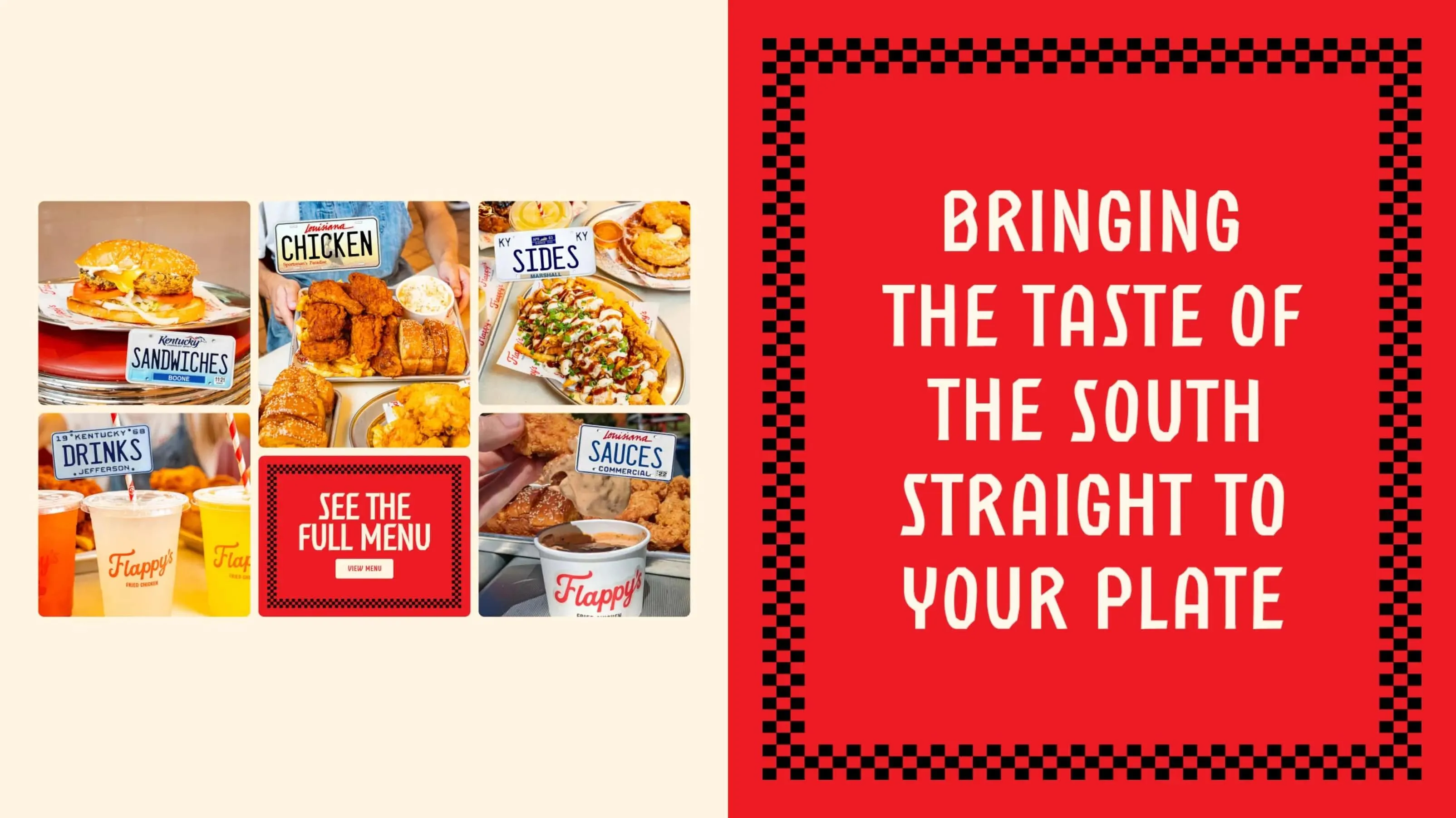 Flappy's menu category tiles beside the line "Bringing the taste of the South straight to your plate"