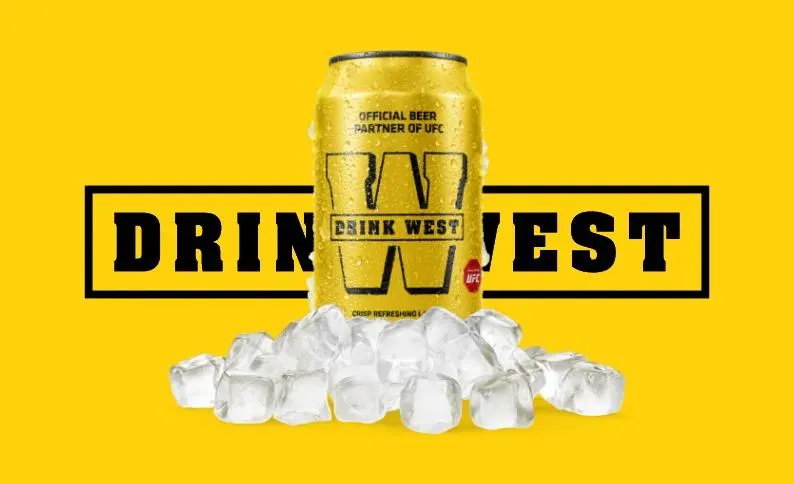 Drink West can marked "Official beer partner of UFC" sitting on ice in front of the bold yellow logo