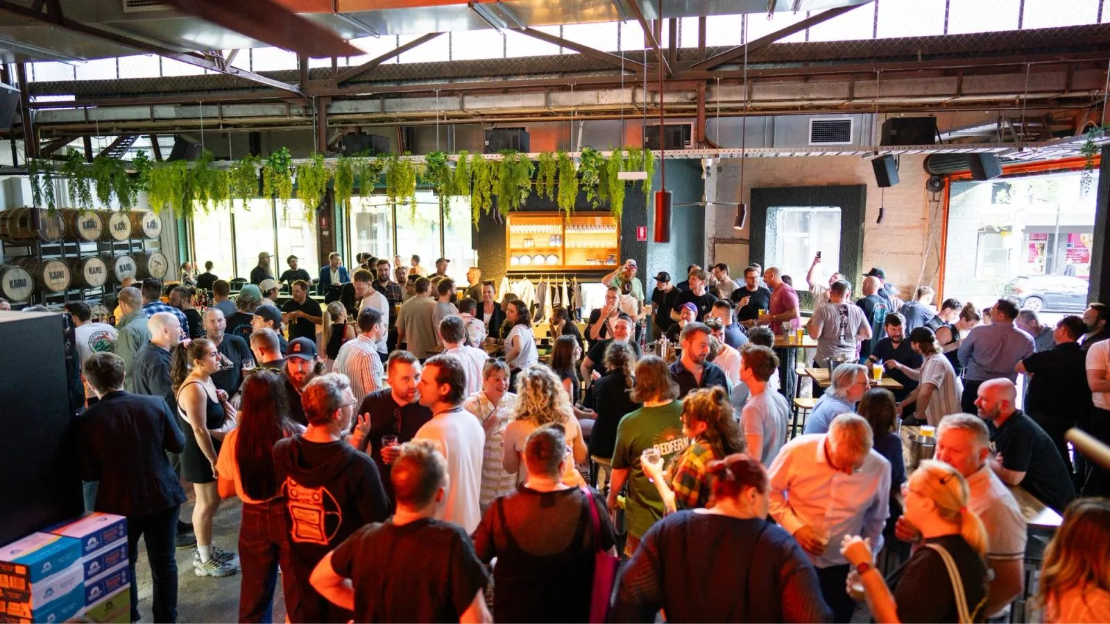 Crowd filling a Mountain Culture brewery hall for an event, with barrels and hanging greenery behind