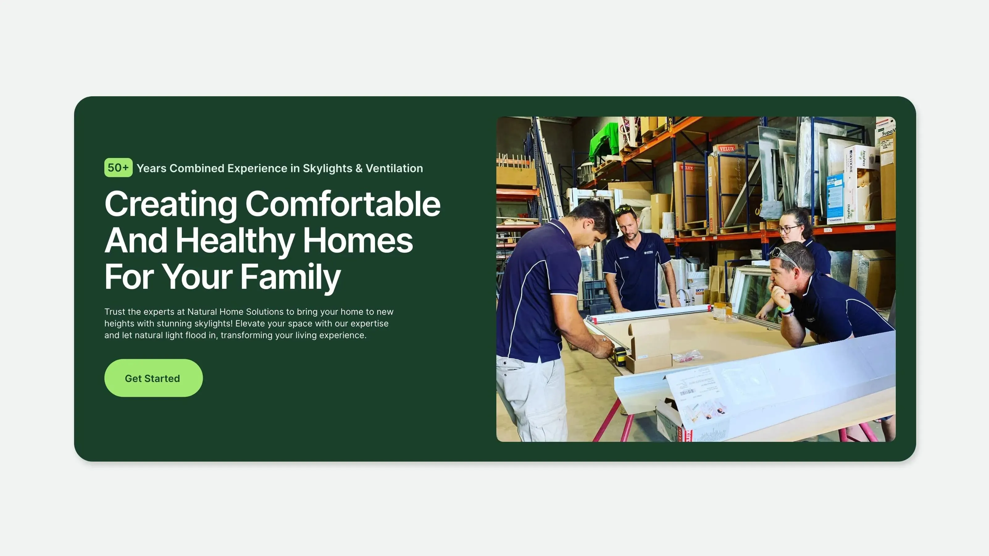 "Creating comfortable and healthy homes for your family" hero on the Natural Home Solutions site, with staff measuring a skylight