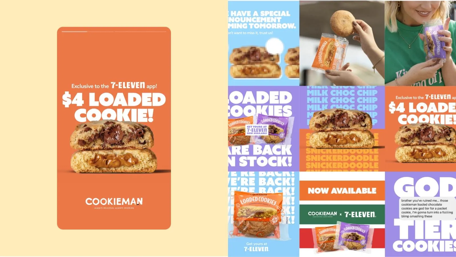 Cookieman social content for the 7-Eleven launch, led by a Loaded Cookie app offer story