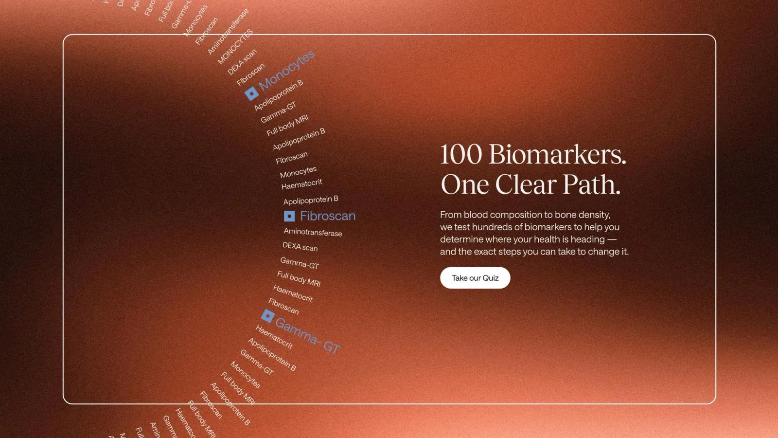 Everlab homepage section "100 Biomarkers. One Clear Path." with biomarker names spiralling across a copper gradient