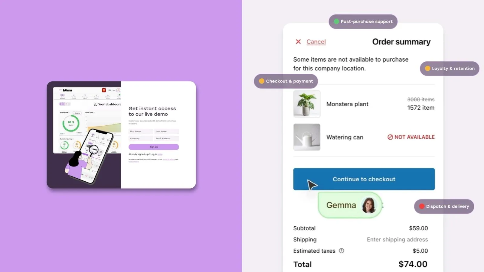 Humii site section with its live demo sign-up beside a checkout mock-up tagged with customer experience stages
