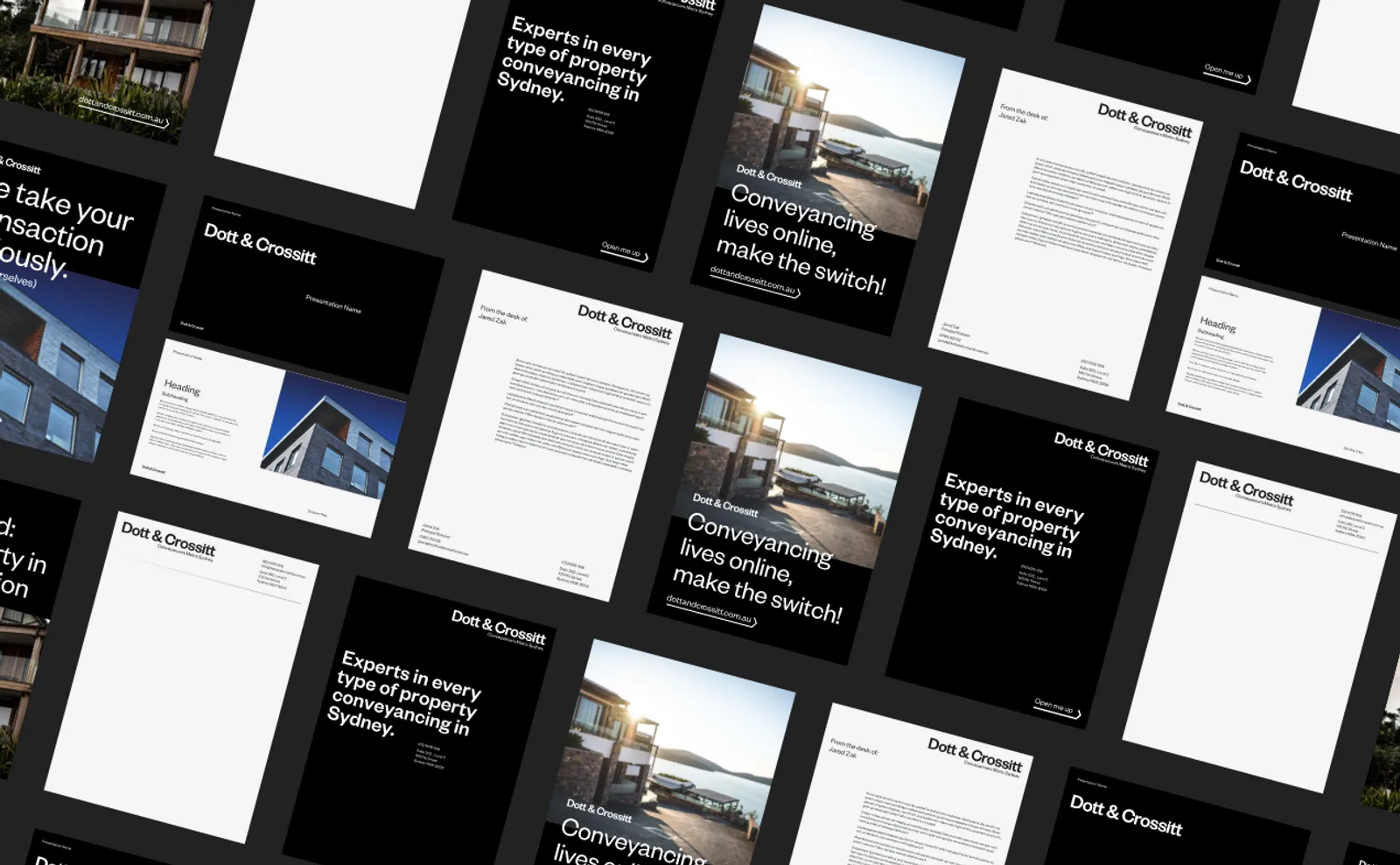 Dott & Crossitt letterheads, flyers and "Conveyancing lives online" ads laid out in a black and white grid
