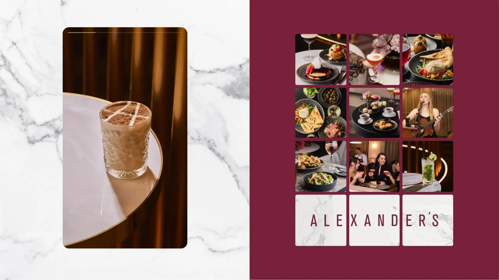 Alexander's Instagram grid of tapas, cocktails and live music, beside an iced coffee on a marble table