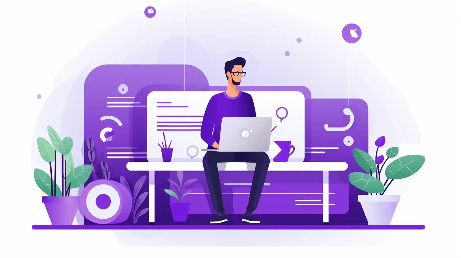 Flat purple illustration of a consultant working on a laptop in front of oversized website screens