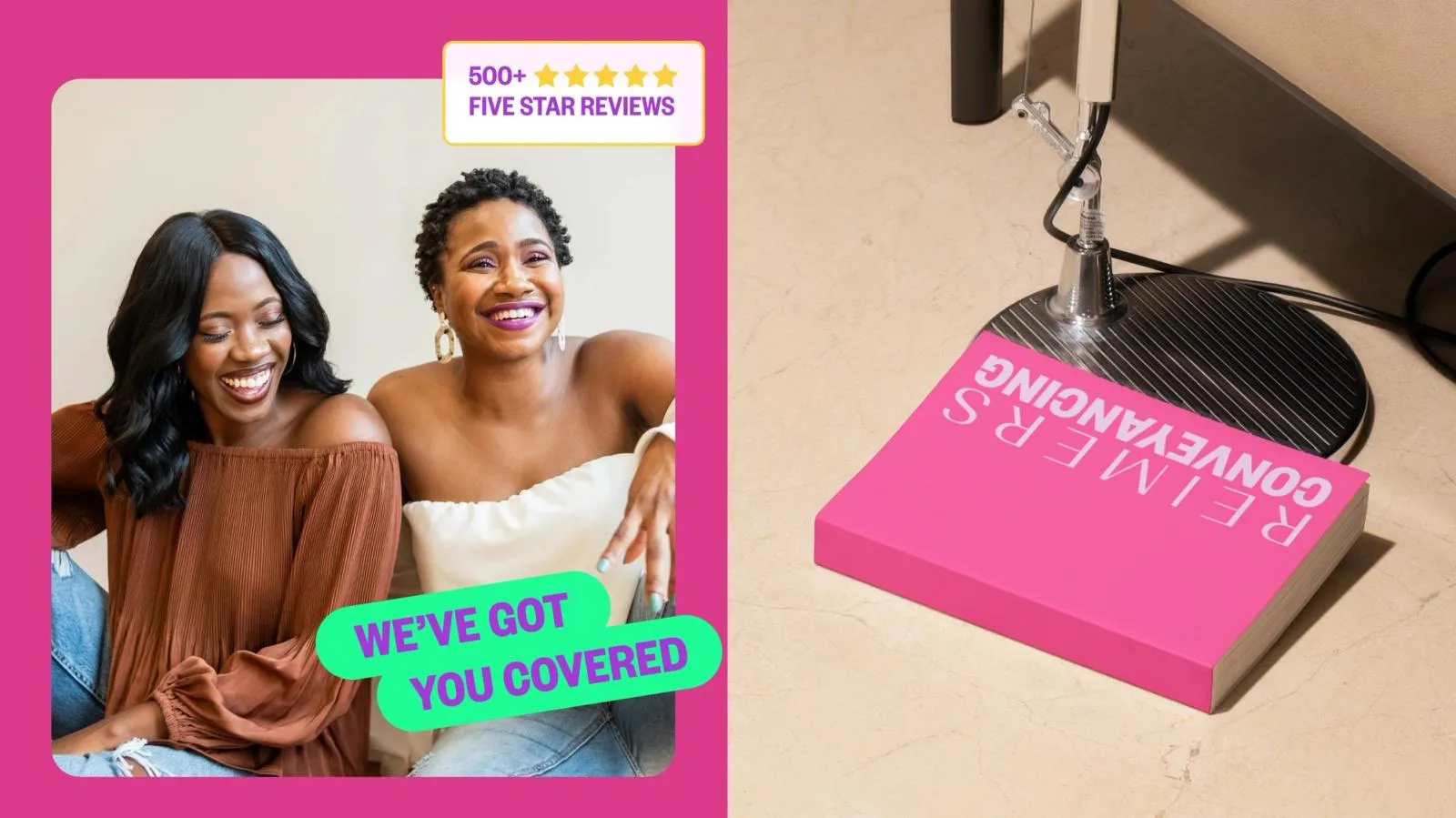 Reimers Conveyancing "We've got you covered" social ad in hot pink, beside a pink branded book