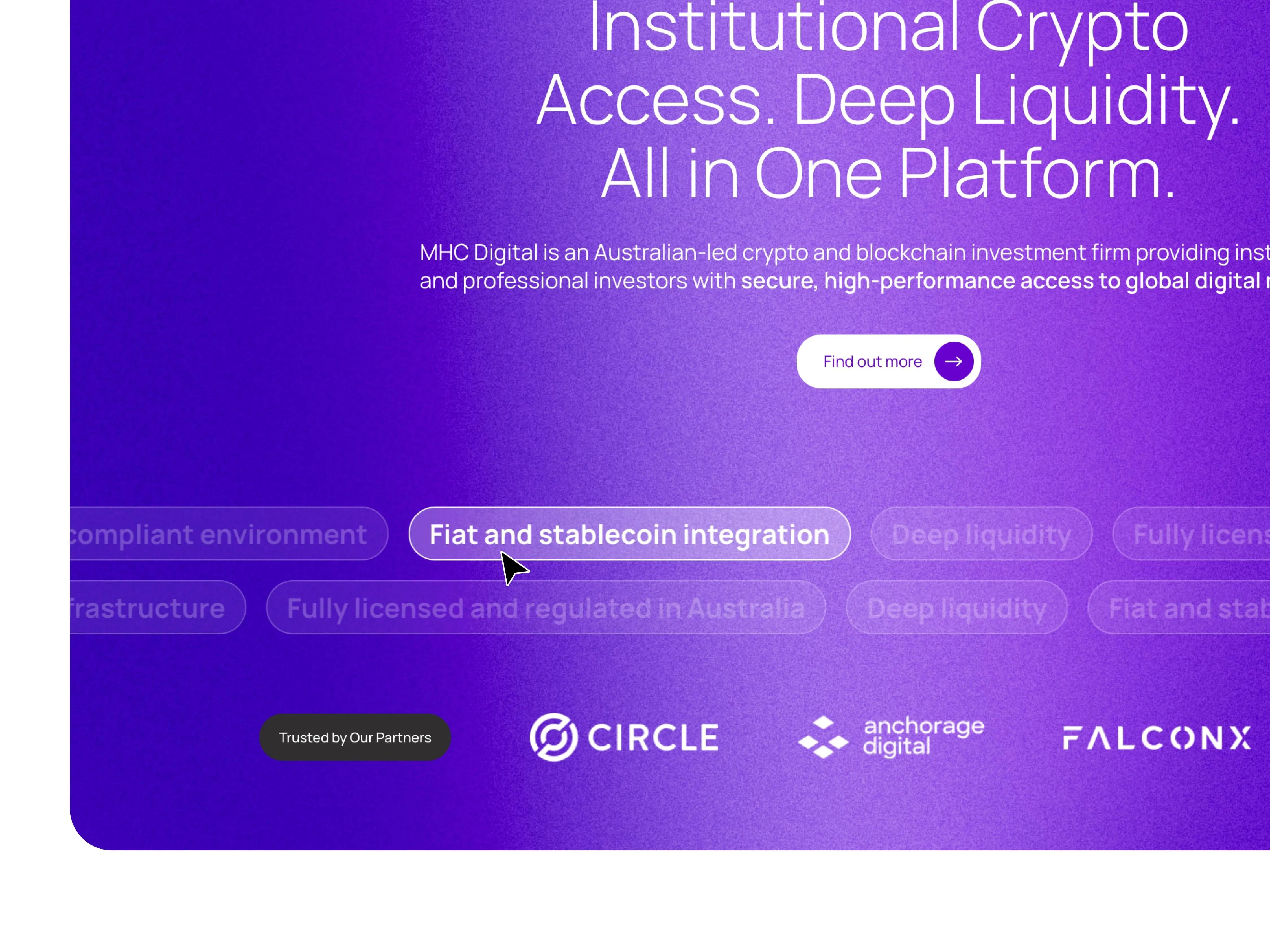 Homepage hero for MHC Digital: "Institutional Crypto Access. Deep Liquidity. All in One Platform."
