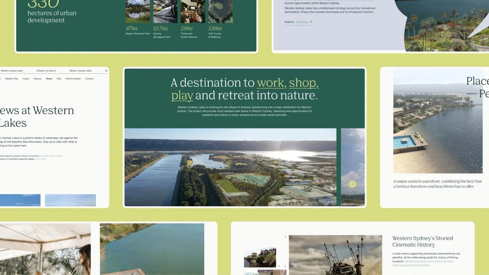 Western Sydney Lakes web pages, led by "A destination to work, shop, play and retreat into nature"
