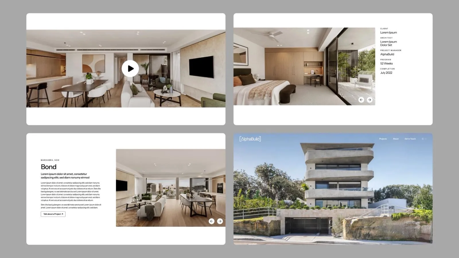 Alpha Build project pages with a video walkthrough, room galleries and a multi-level coastal home exterior