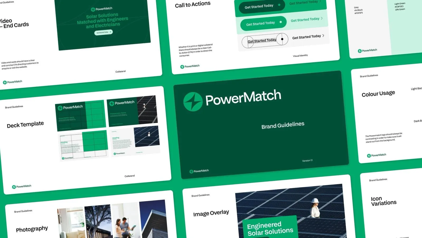 Pages from the PowerMatch brand guidelines covering deck templates, calls to action, colour and photography