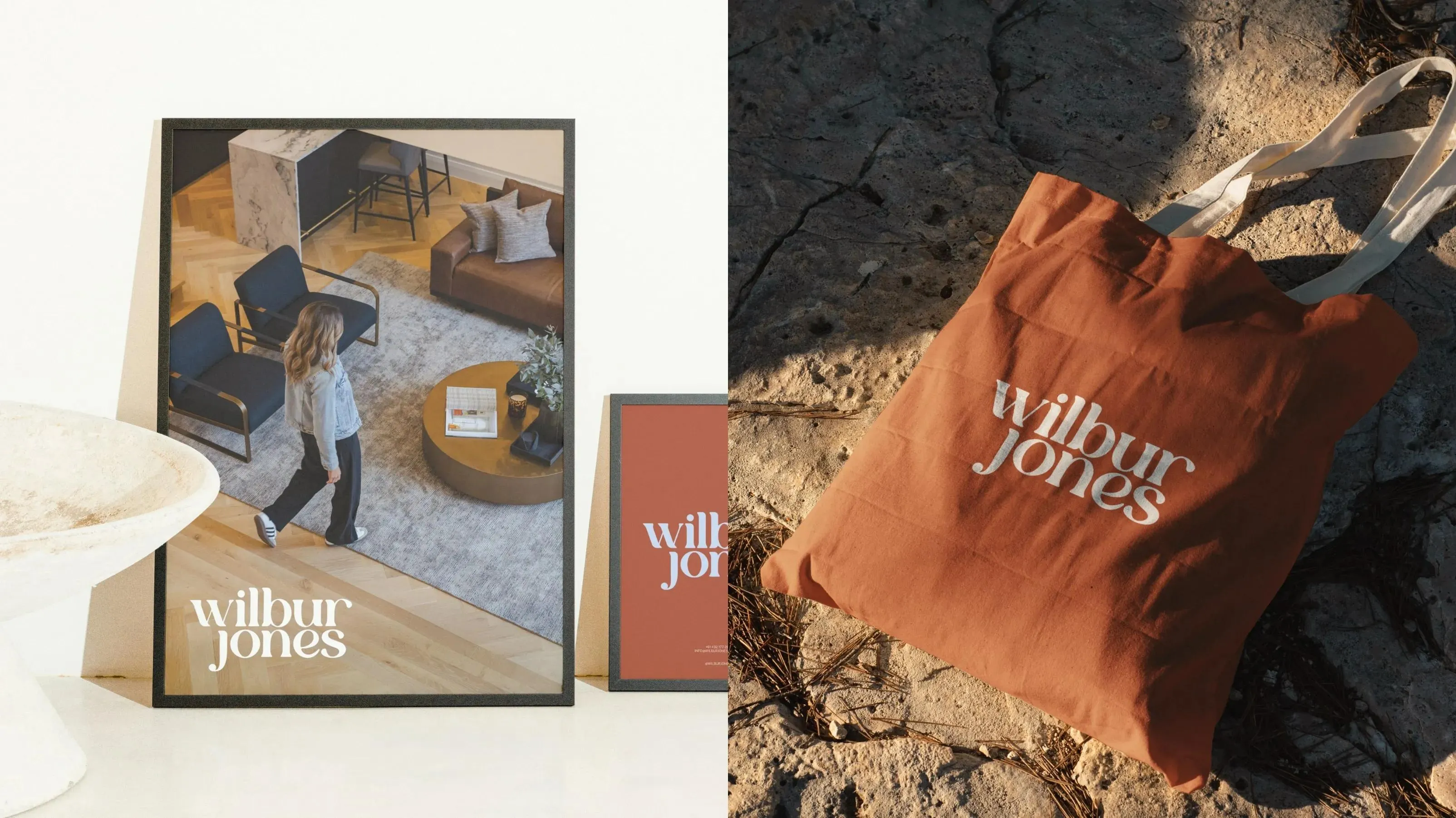 Framed Wilbur Jones poster of a styled living room, next to a rust-coloured branded tote bag