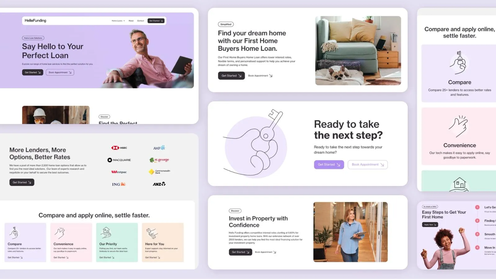 Desktop sections of the Hello Funding site for first home buyer loans, lender comparison and next steps