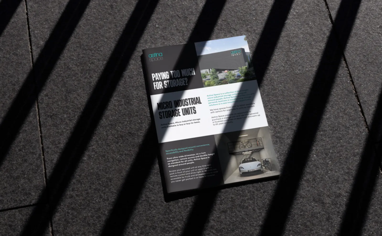 Astina Space brochure asking "Paying too much for storage?" to introduce its micro industrial storage units