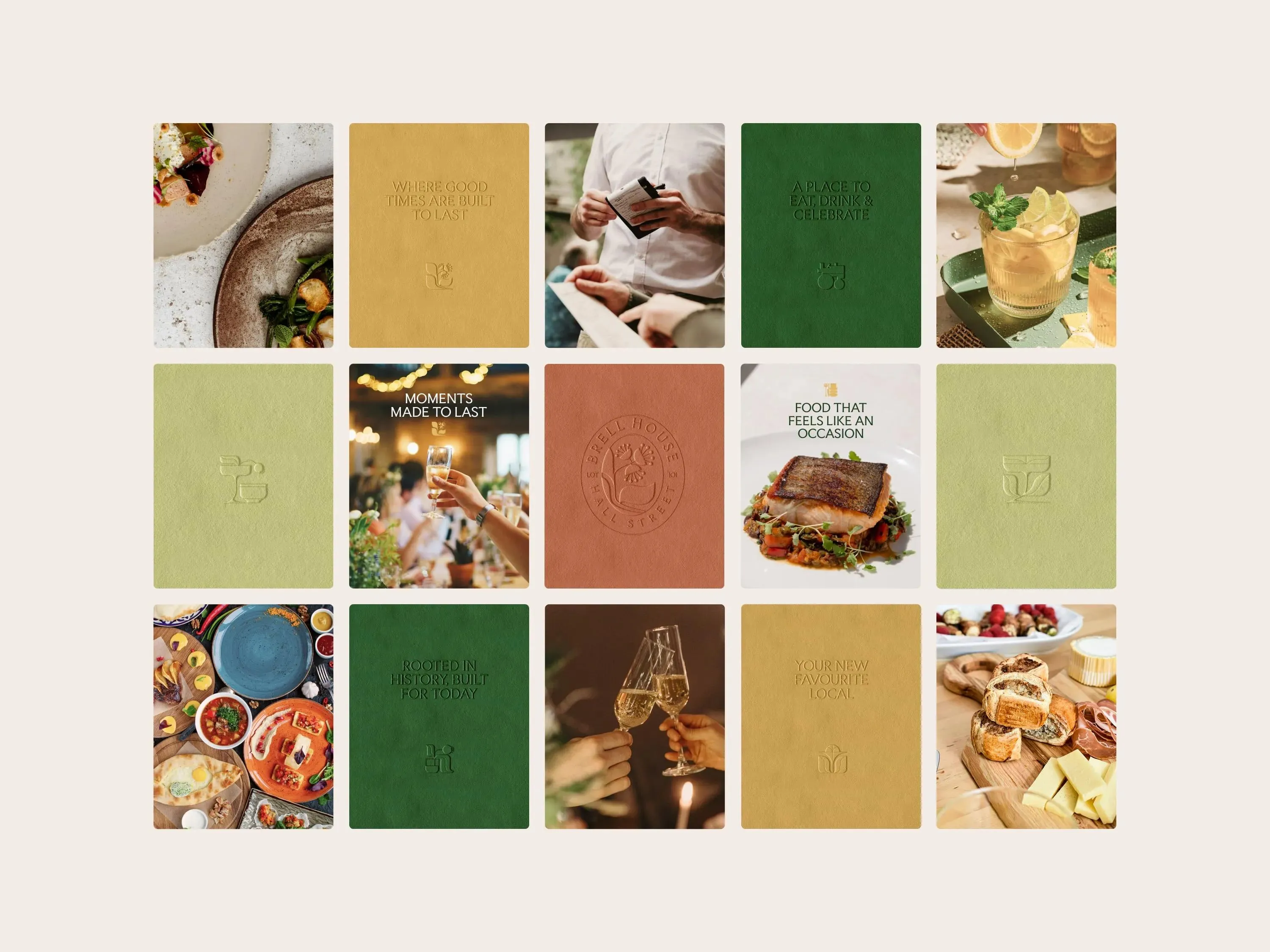 Brell House social grid mixing food and cocktail photos with embossed tiles in green, gold and terracotta