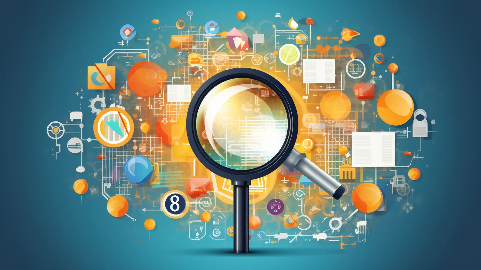 Illustration of a magnifying glass over a cloud of website icons, charts and documents