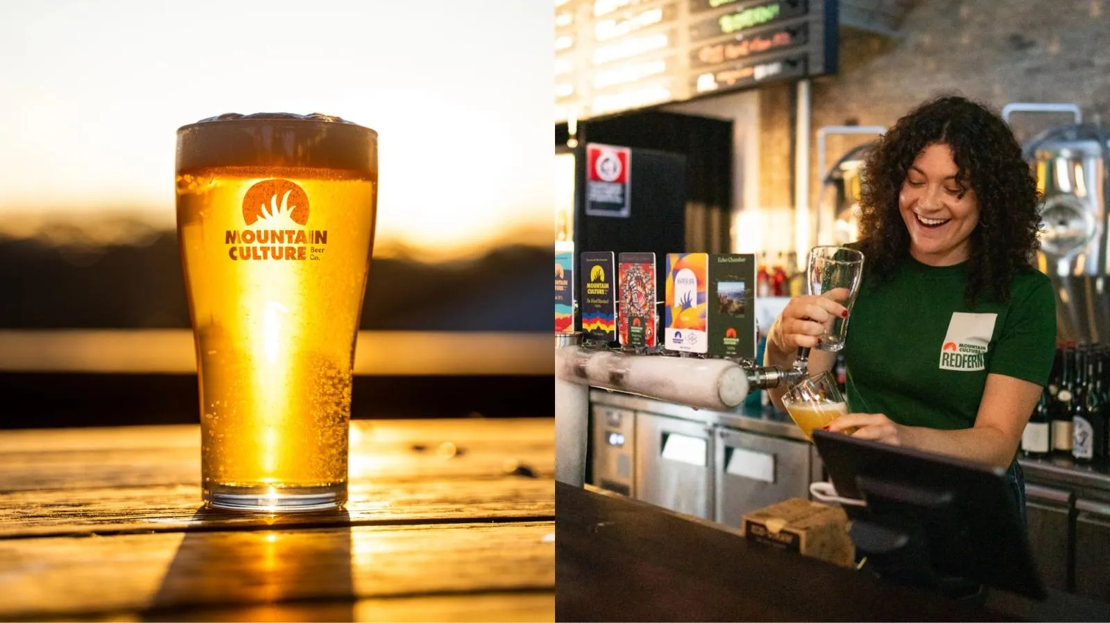 A Mountain Culture pint glowing at sunset, and a bartender at the Redfern venue pouring a beer at the taps
