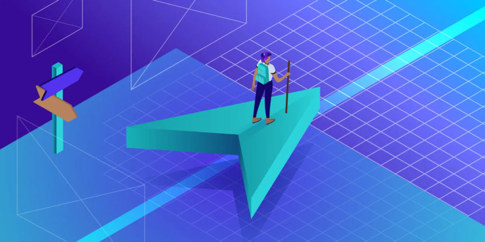 Illustration of a hiker standing on a giant cursor arrow beside a signpost, a nod to clear site navigation