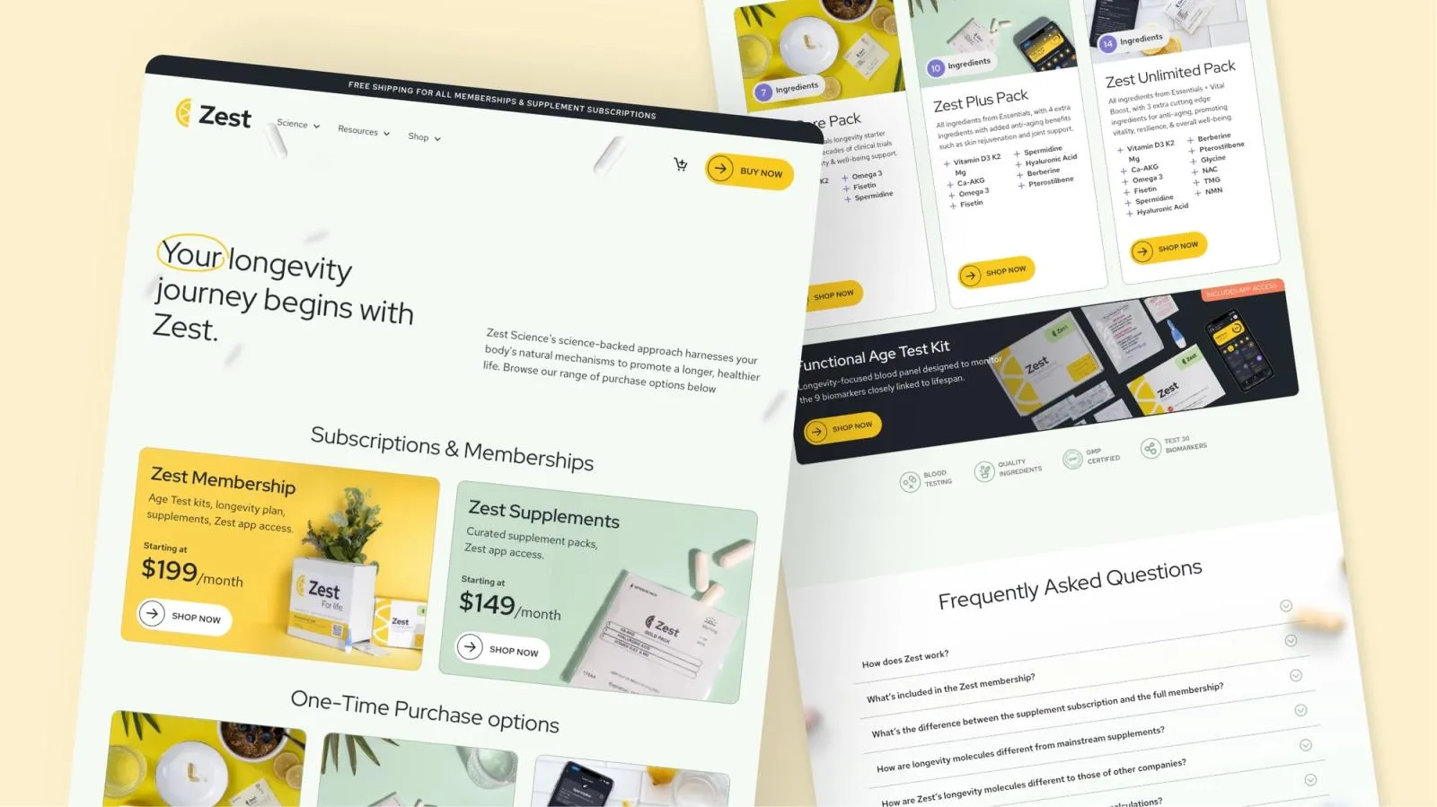 Zest Science homepage with membership and supplement subscription plans, the Age Test Kit and FAQs