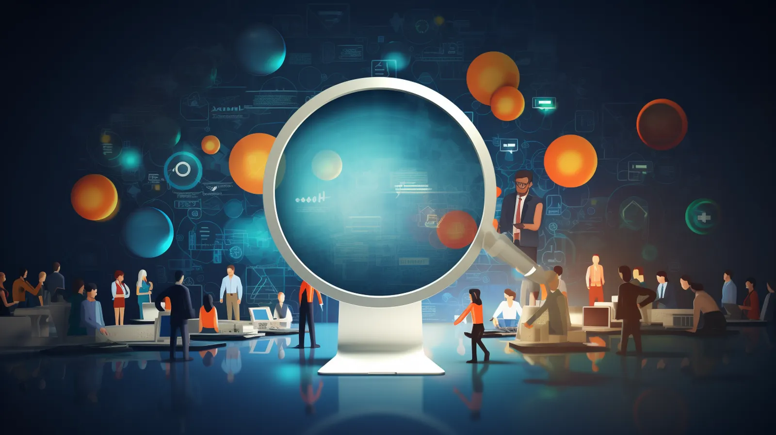 Illustration of people gathered around a giant magnifying glass, reviewing search results together