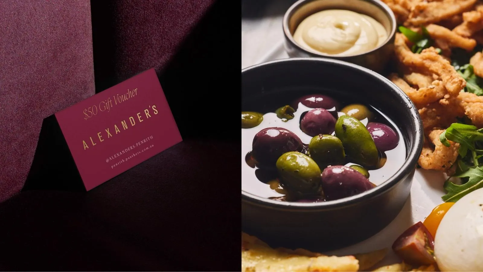 An Alexander's gift voucher in burgundy and gold, beside a bowl of marinated olives and tapas