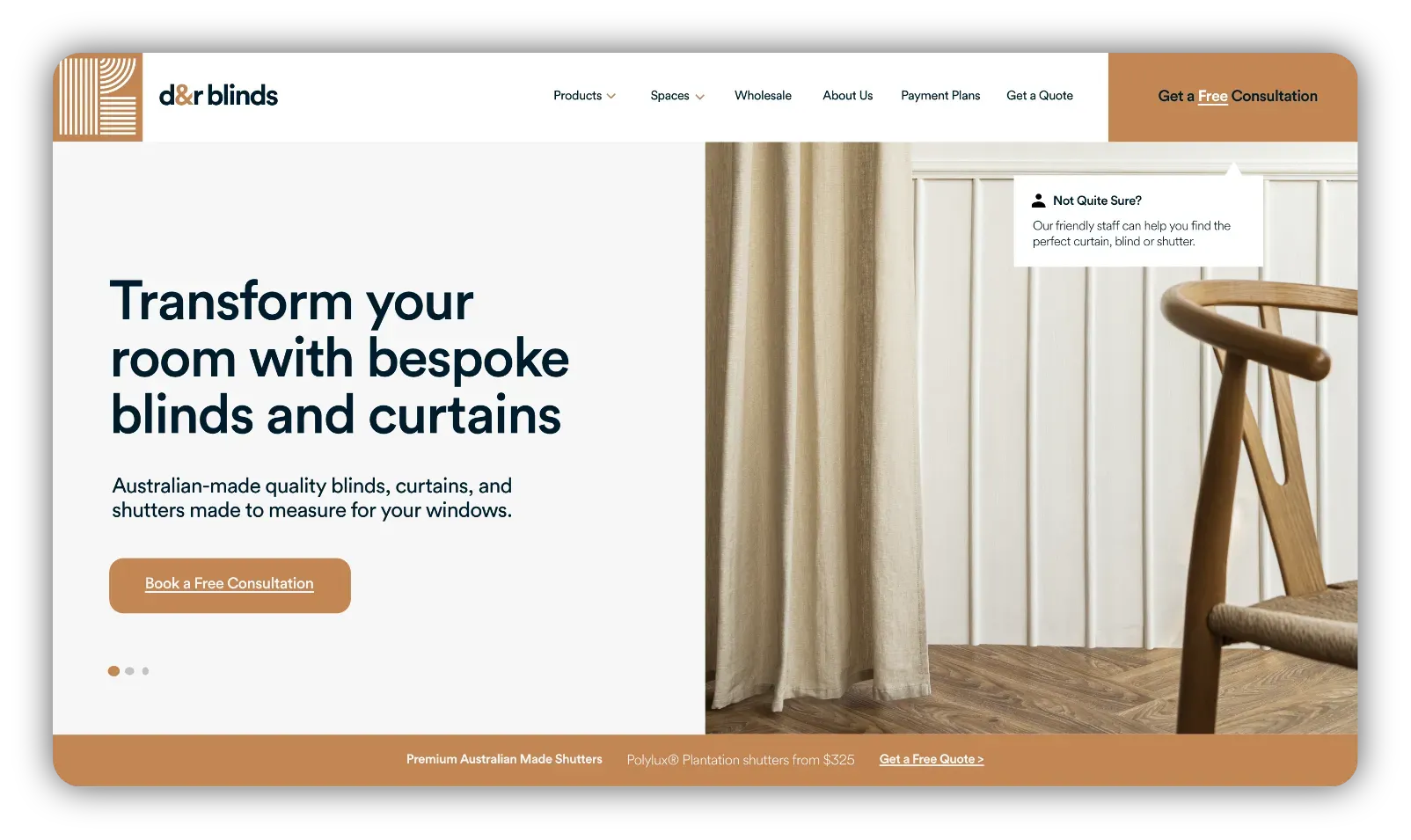 D&R Blinds homepage hero, "Transform your room with bespoke blinds and curtains", beside a linen curtain