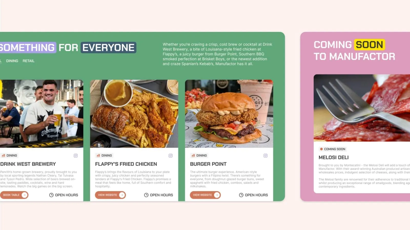 Manufactor venue directory with cards for Drink West Brewery, Flappy's Fried Chicken and Burger Point