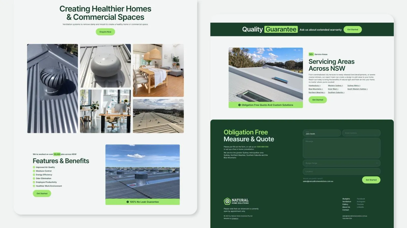 Natural Home Solutions pages on ventilation for healthier homes, NSW service areas and a free quote form
