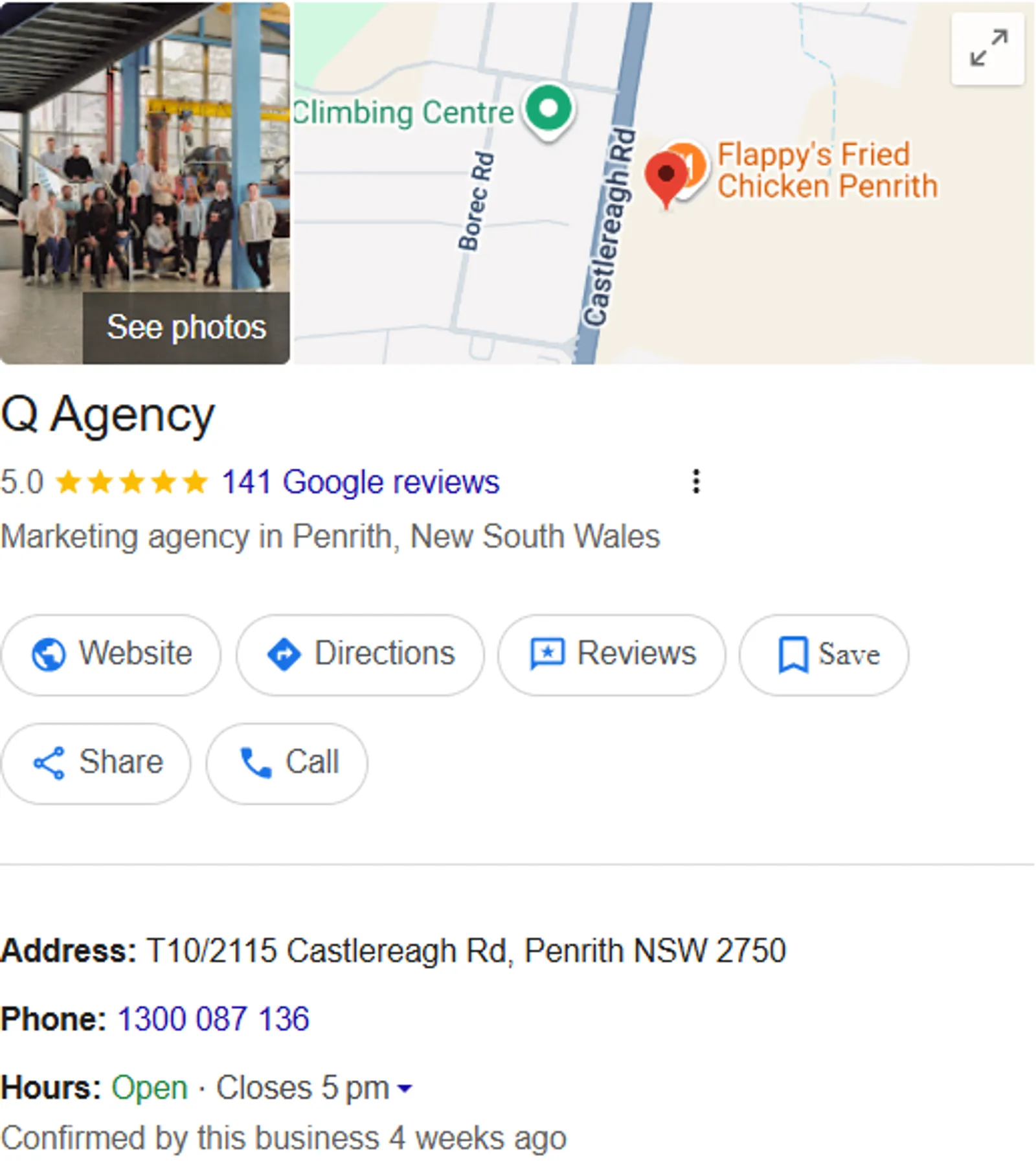 Q Agency's Google Business Profile in search: 5.0 stars from 141 reviews, listed as a marketing agency in Penrith