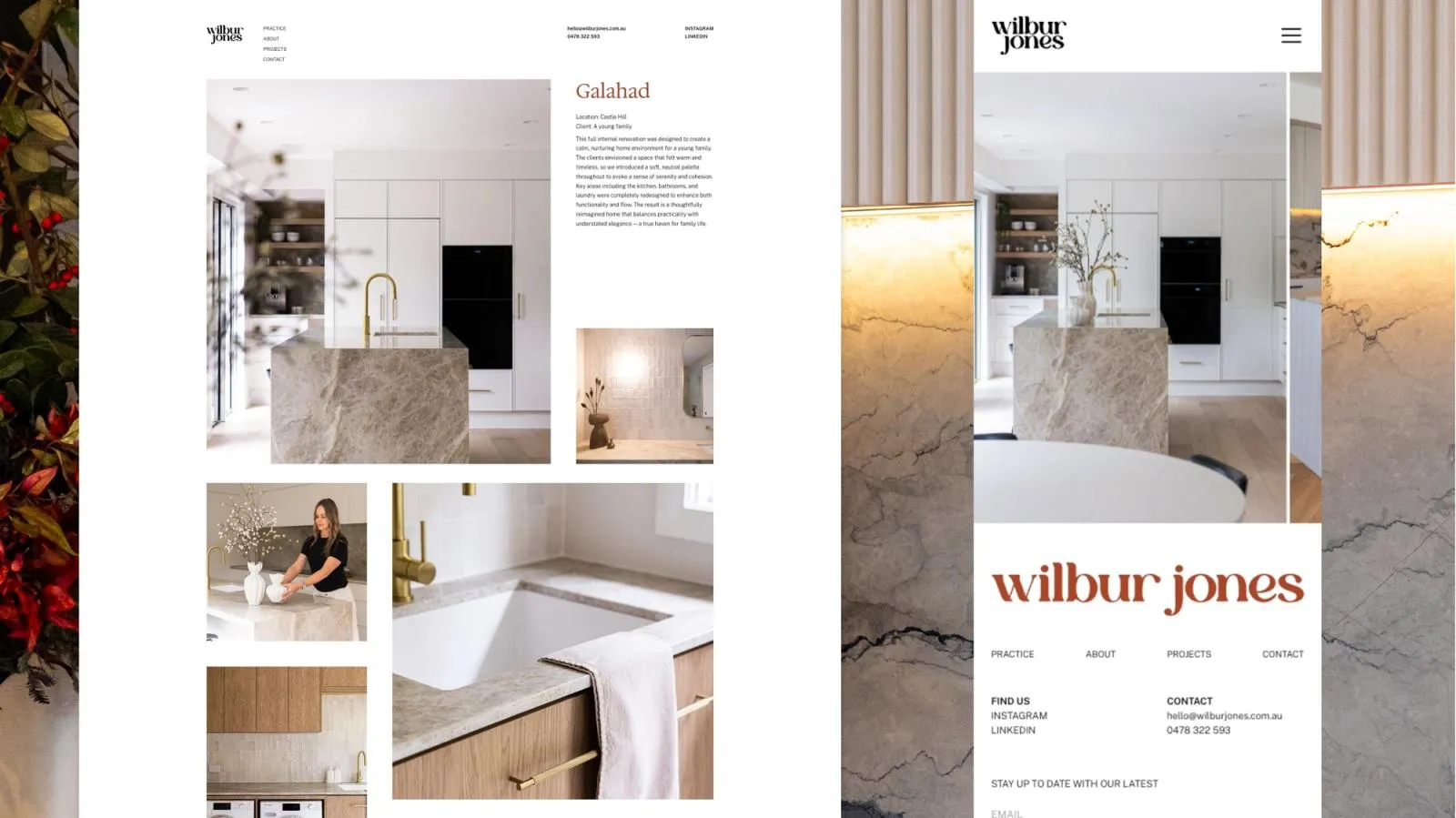 Galahad project page on the Wilbur Jones site, desktop and mobile, with a marble island kitchen and bathroom