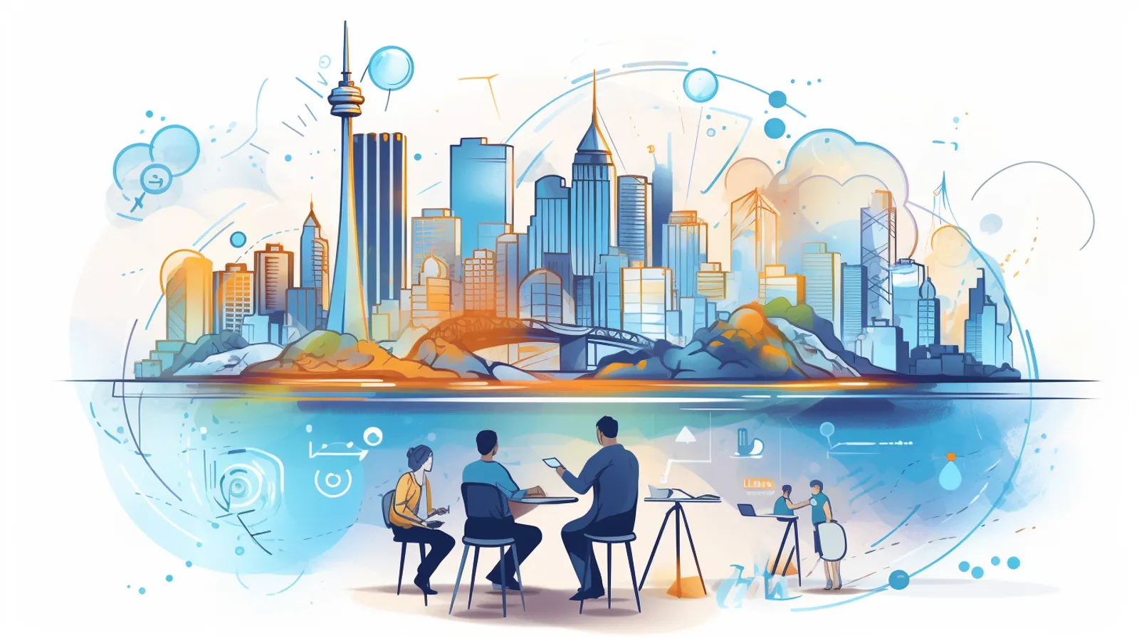 Illustration of a team meeting around a table beneath the Sydney skyline and Sydney Tower