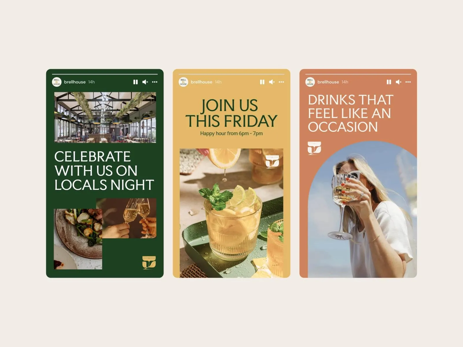 Three Brell House Instagram stories promoting locals night, Friday happy hour and occasion-worthy drinks
