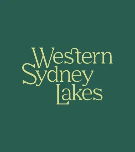 The Western Sydney Lakes wordmark in pale lime serif lettering on forest green