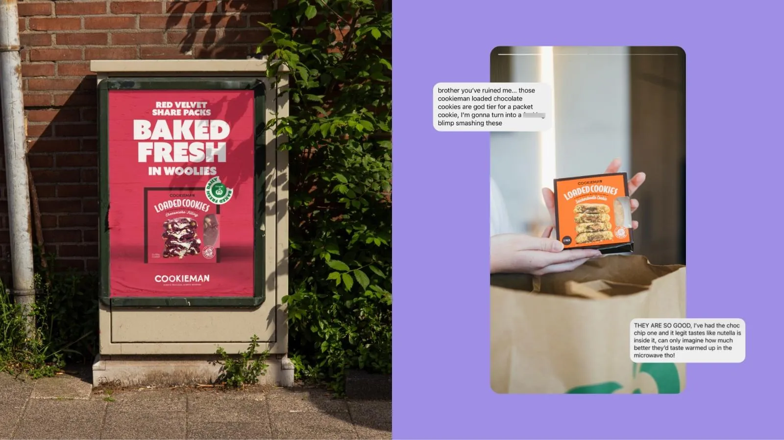 Red velvet "Baked Fresh in Woolies" Cookieman street poster, next to a social story of fan comments