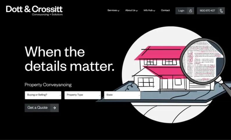 Dott & Crossitt homepage hero reading "When the details matter", with a property conveyancing quote form