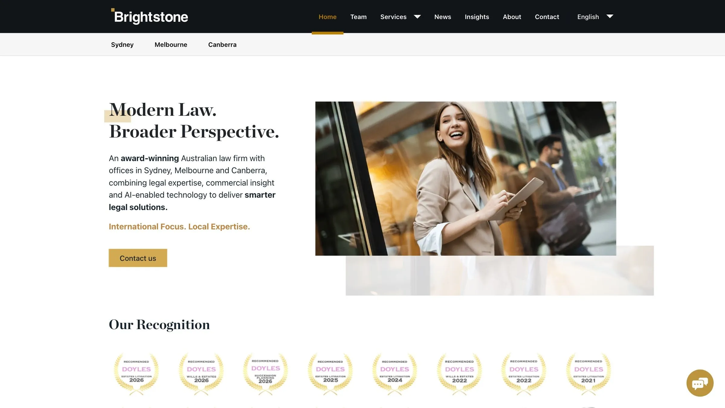 Brightstone Legal homepage, "Modern Law. Broader Perspective.", with its Doyles recognition badges below