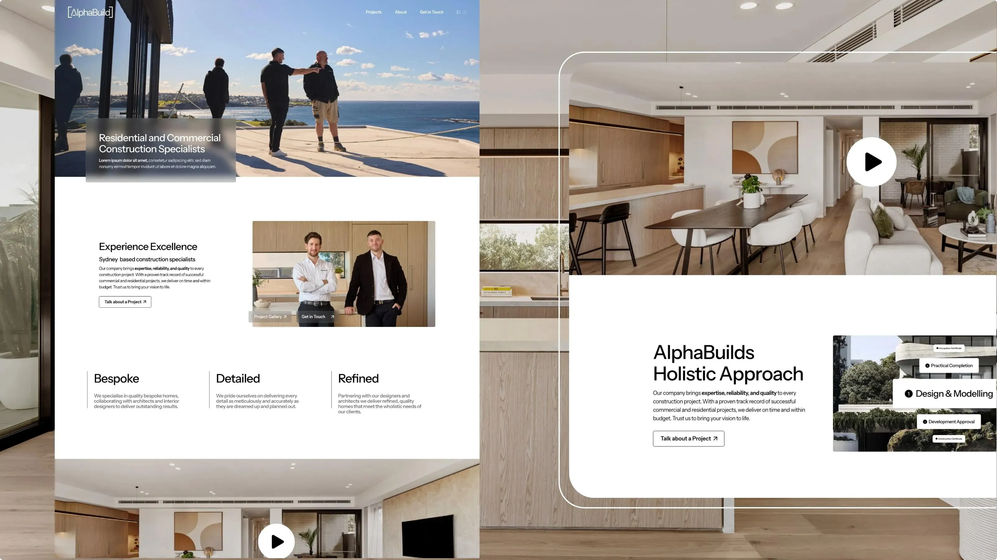 Alpha Build homepage with the team on a rooftop, its bespoke, detailed, refined values and holistic approach