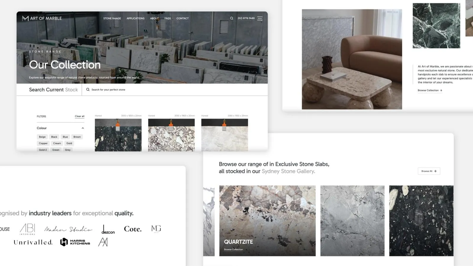 Art of Marble collection page with colour filters, a slab gallery and a row of industry partner logos