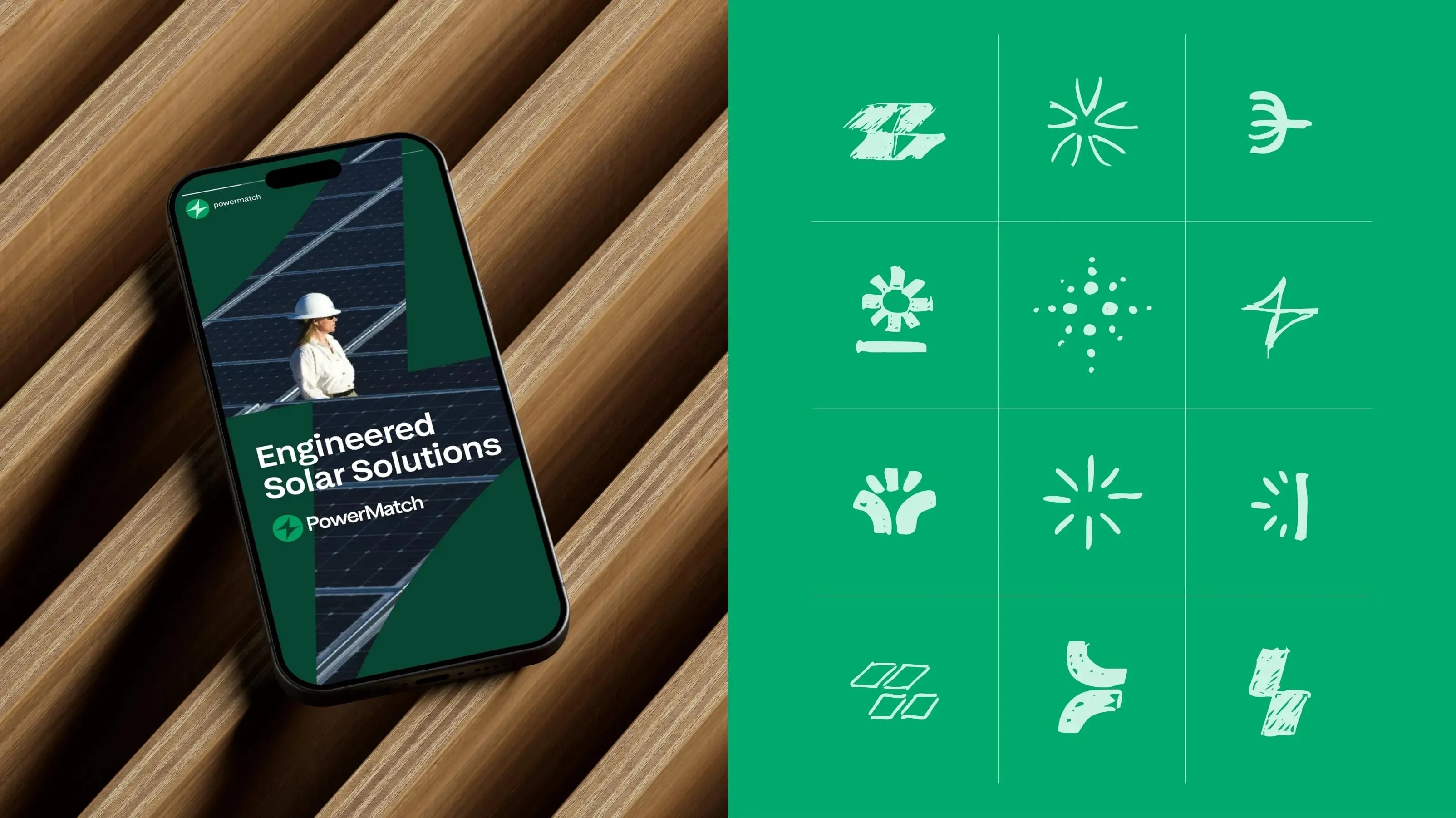 PowerMatch "Engineered Solar Solutions" ad on a phone, beside a grid of custom energy icons