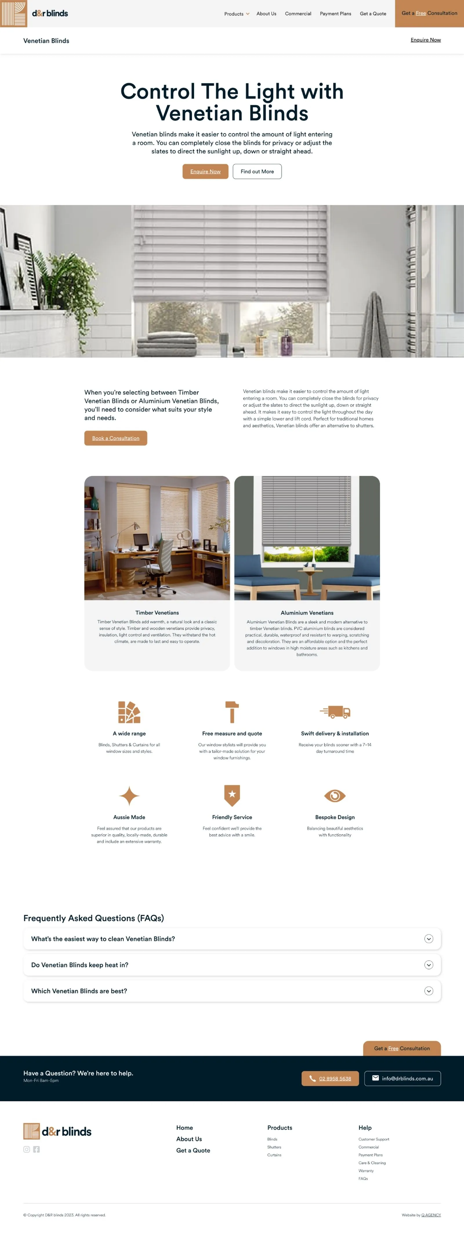 Full-length D&R Blinds Venetian blinds page built in Webflow, from the hero and product cards to the FAQs