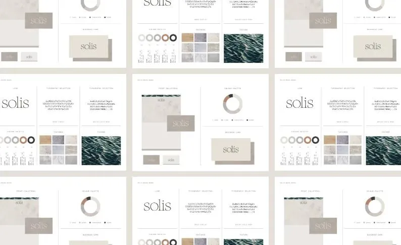 Brand identity boards for Solis showing the wordmark, typography, neutral palette and stone and water textures
