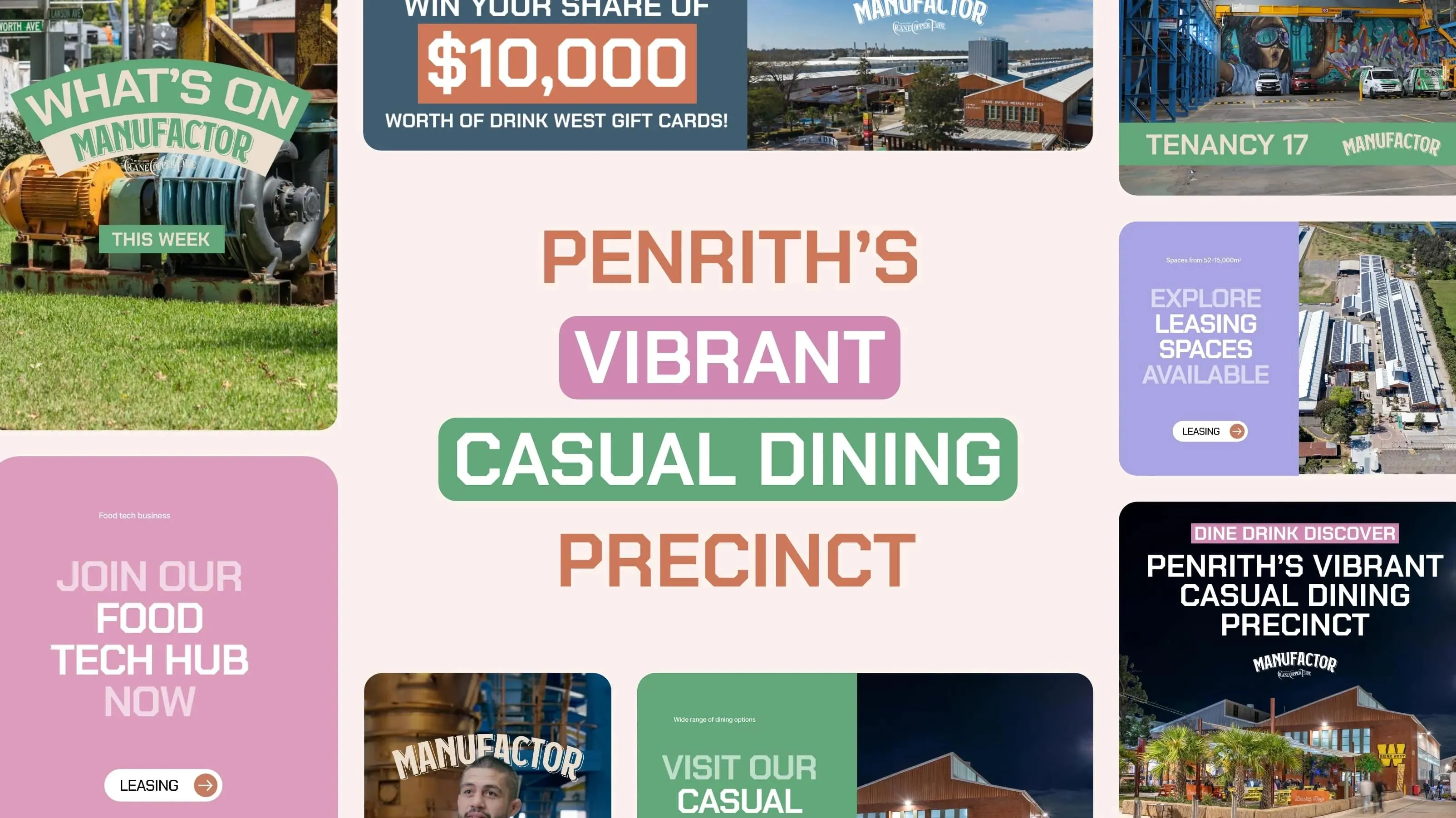 Manufactor promo tiles for Penrith's vibrant casual dining precinct, covering leasing, events and what's on