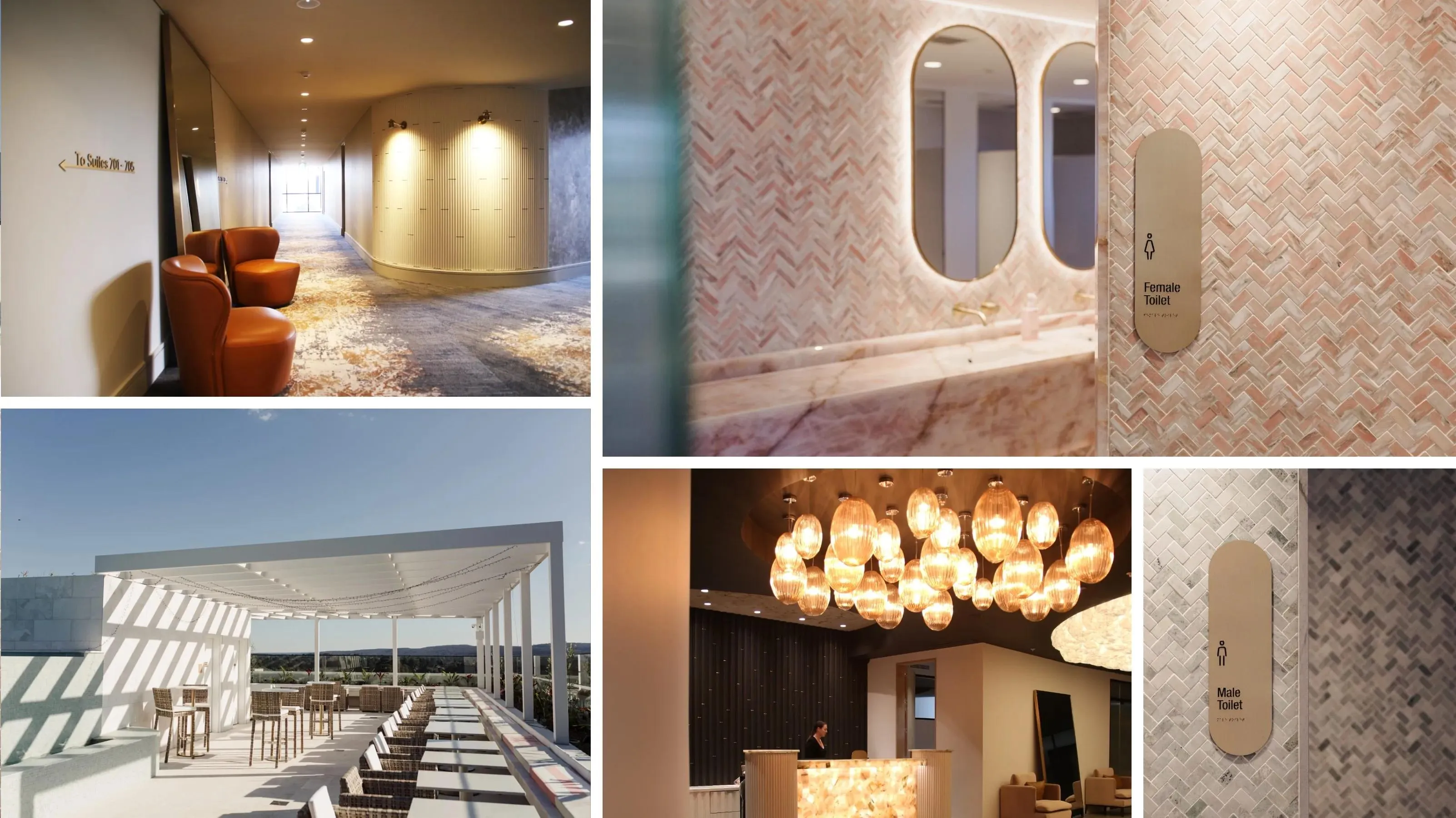 Collage of Astina Suites interiors: hallway, rooftop terrace, pendant-lit lobby and restroom signage