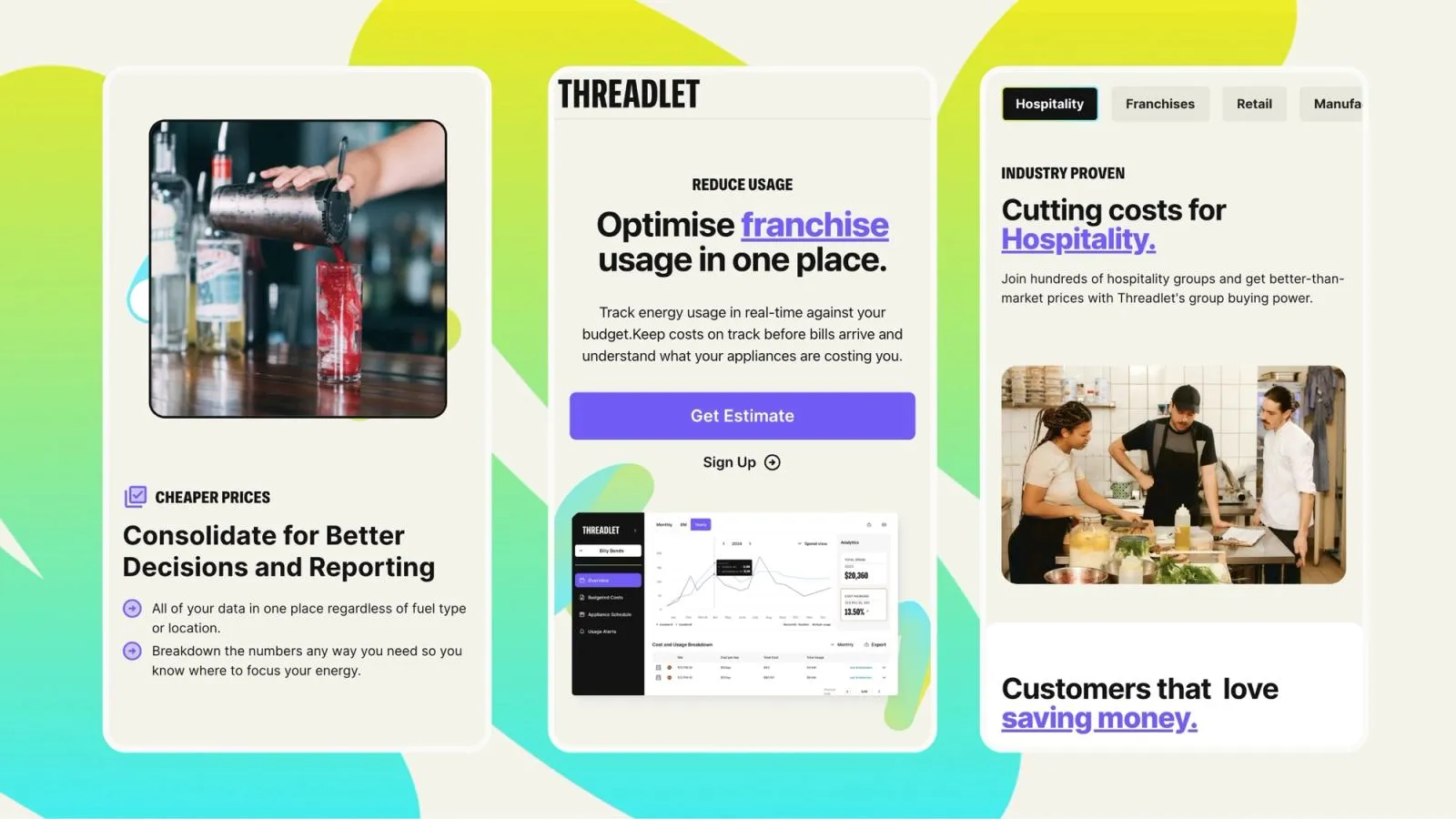 Threadlet web pages built for Termina, on tracking franchise energy usage and cutting hospitality costs