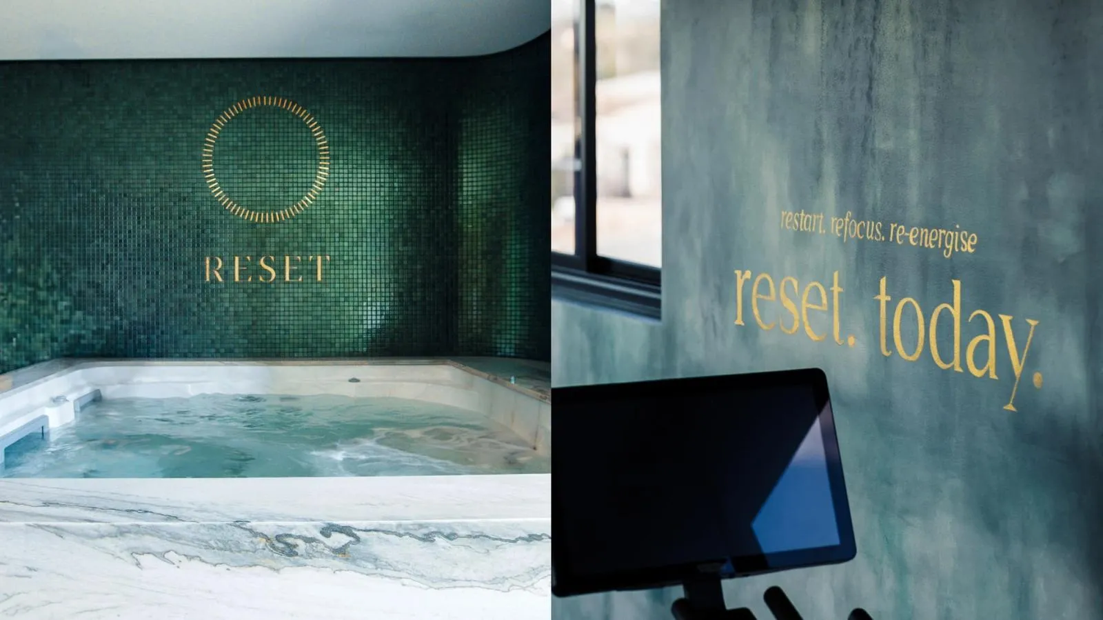 Astina Suites "Reset" wellness area: a green-tiled spa pool and gold "reset. today." wall lettering