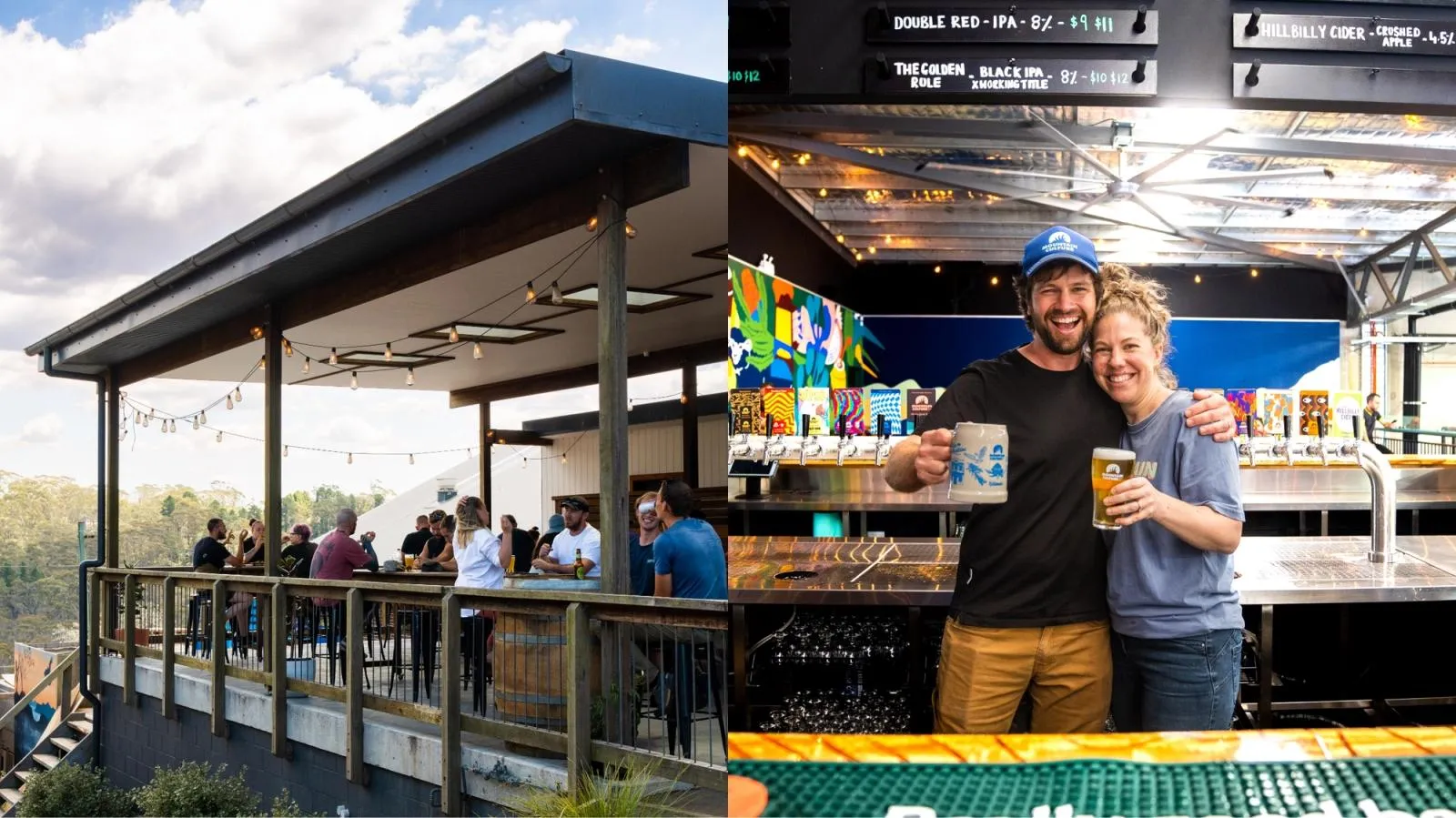 Covered outdoor deck full of drinkers at a Mountain Culture venue, beside two staff raising beers at the tap bar