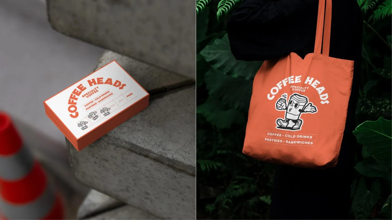 Orange Coffee Heads business cards and a tote bag listing coffee, cold drinks, pastries and sandwiches