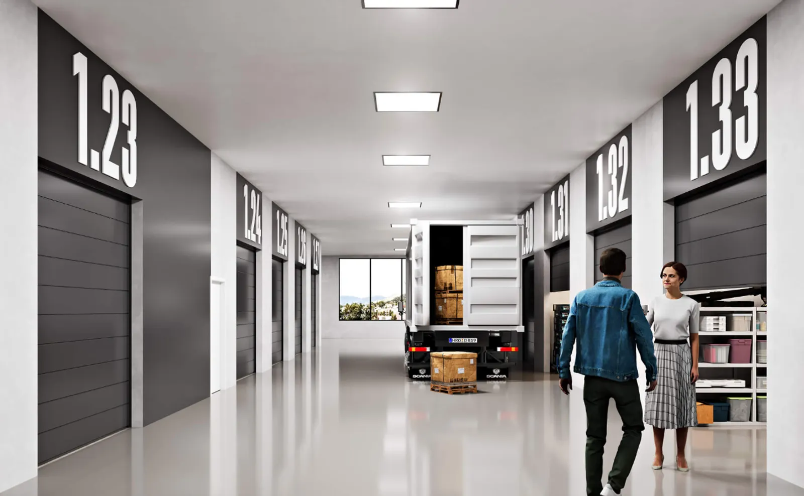 Render of an Astina Space warehouse corridor with numbered roller doors and a truck being unloaded