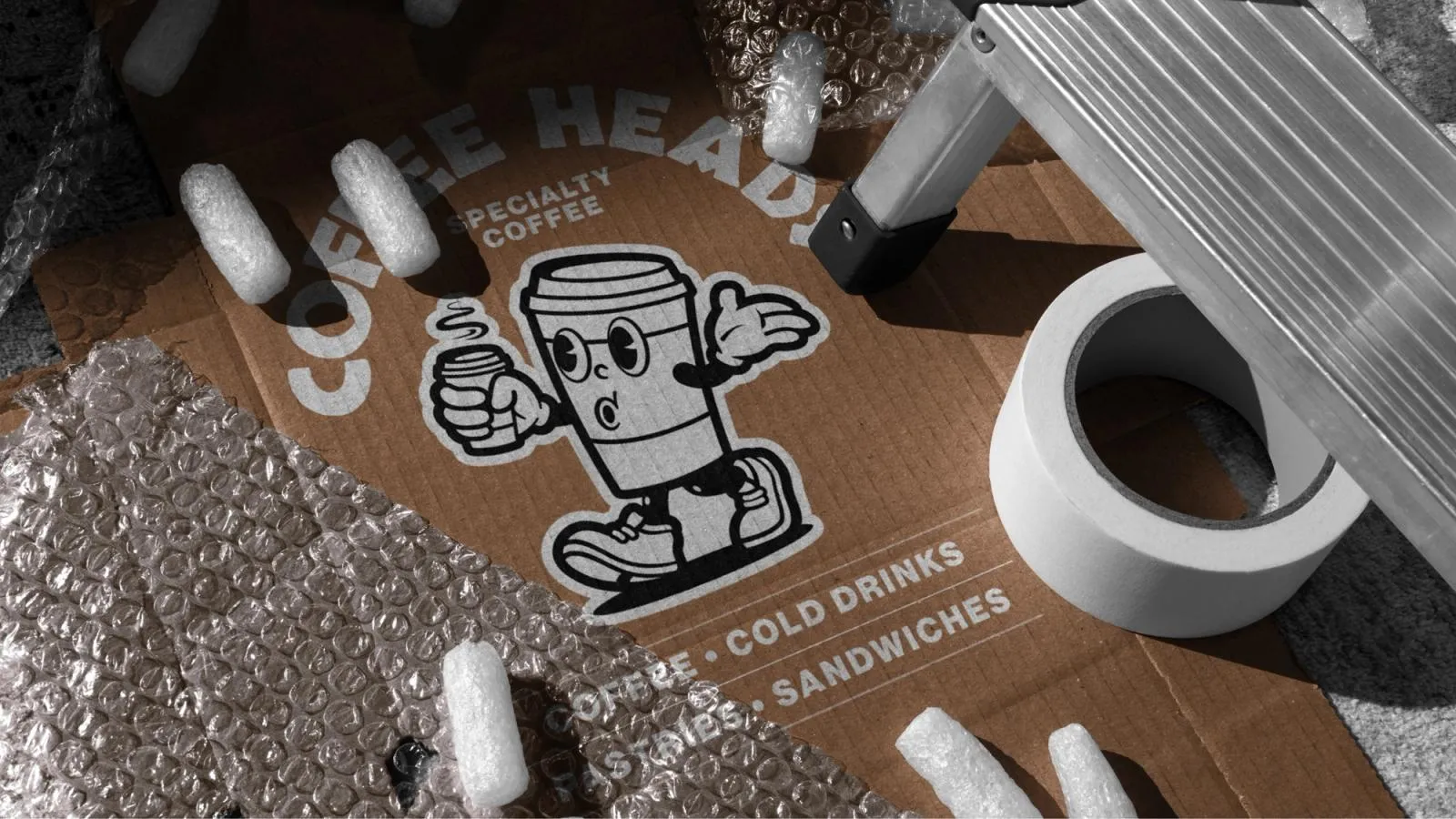 The Coffee Heads mascot and "Specialty coffee" lettering printed on a flattened cardboard box